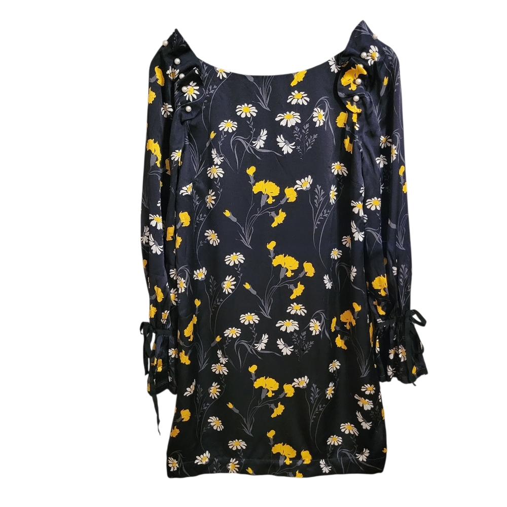 Mother Of Pearl Black Silk Floral Long Sleeve Mini Dress - Picture 2 of 9